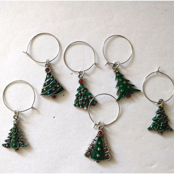 Christmas Tree Wine Glass Markers Charms Set Of 6 Rhinestones Enameled Metal.  - Picture 10 of 14